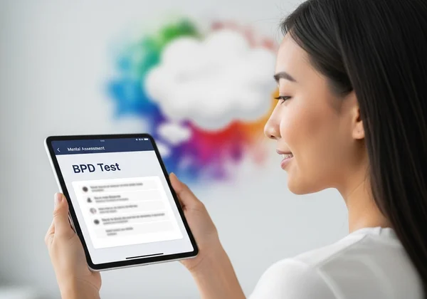 Person considering a BPD test on a tablet, with symptoms
