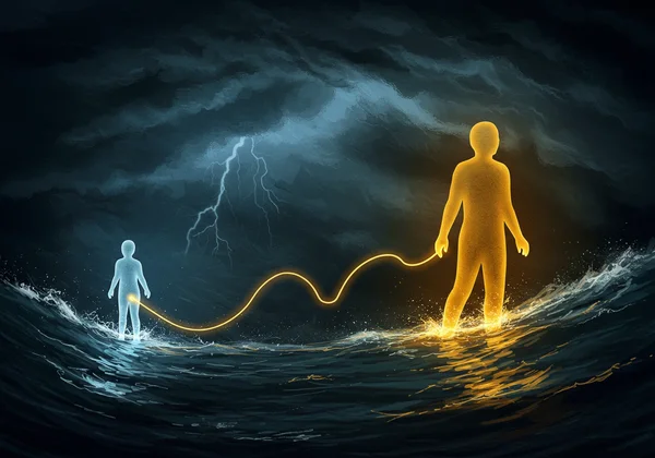 Abstract art of a person anchoring another in a stormy sea.