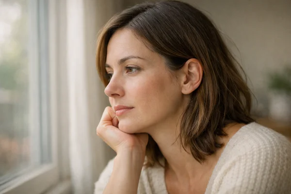 Una mujer pensativa reflexionando cerca de una ventana, simbolizando la exploración de las causas del TLP