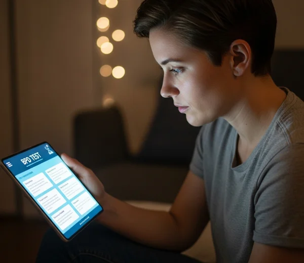 Person reflecting, looking at a screen about BPD understanding