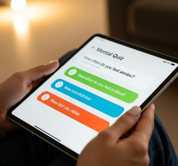 Person taking an online BPD self-assessment on a tablet