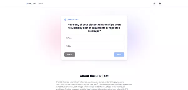 Screenshot of an online self-assessment test for BPD