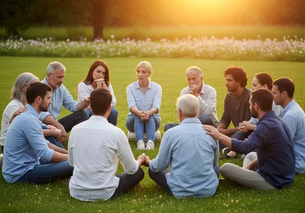 Support group sitting in a circle outdoors